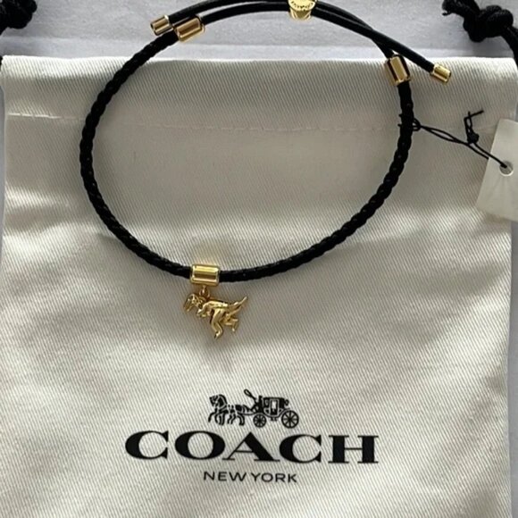 COACH 🦕 Rexy Dinosaur Leather Friendship Slider Bracelet Black Gold - Picture 7 of 9
